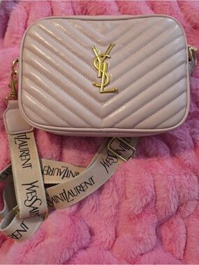 Saint Laurent Light Pink Quilted Camera Crossbody with Gold YSL Logo